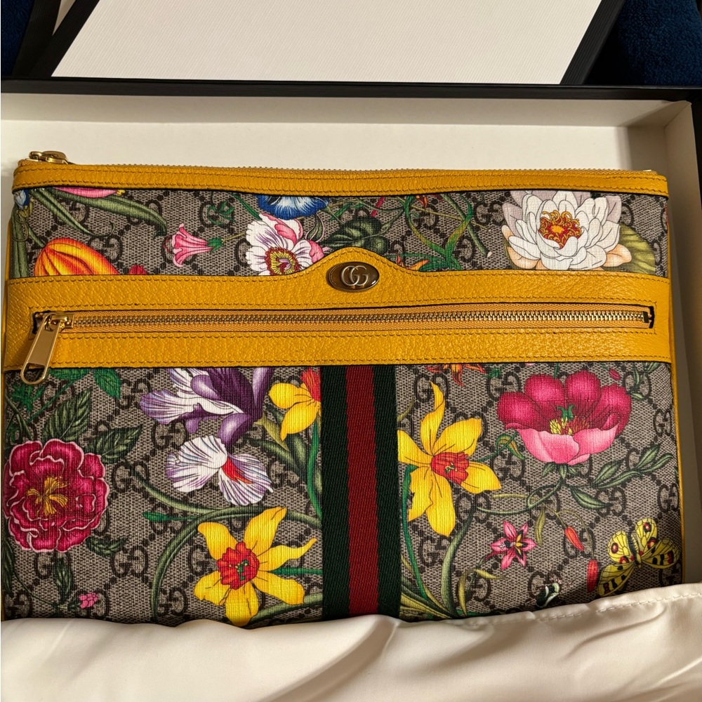 Gucci Ophidia Floral Gg Pouch In Brown Canvas And Leather - Picture 2 of 12